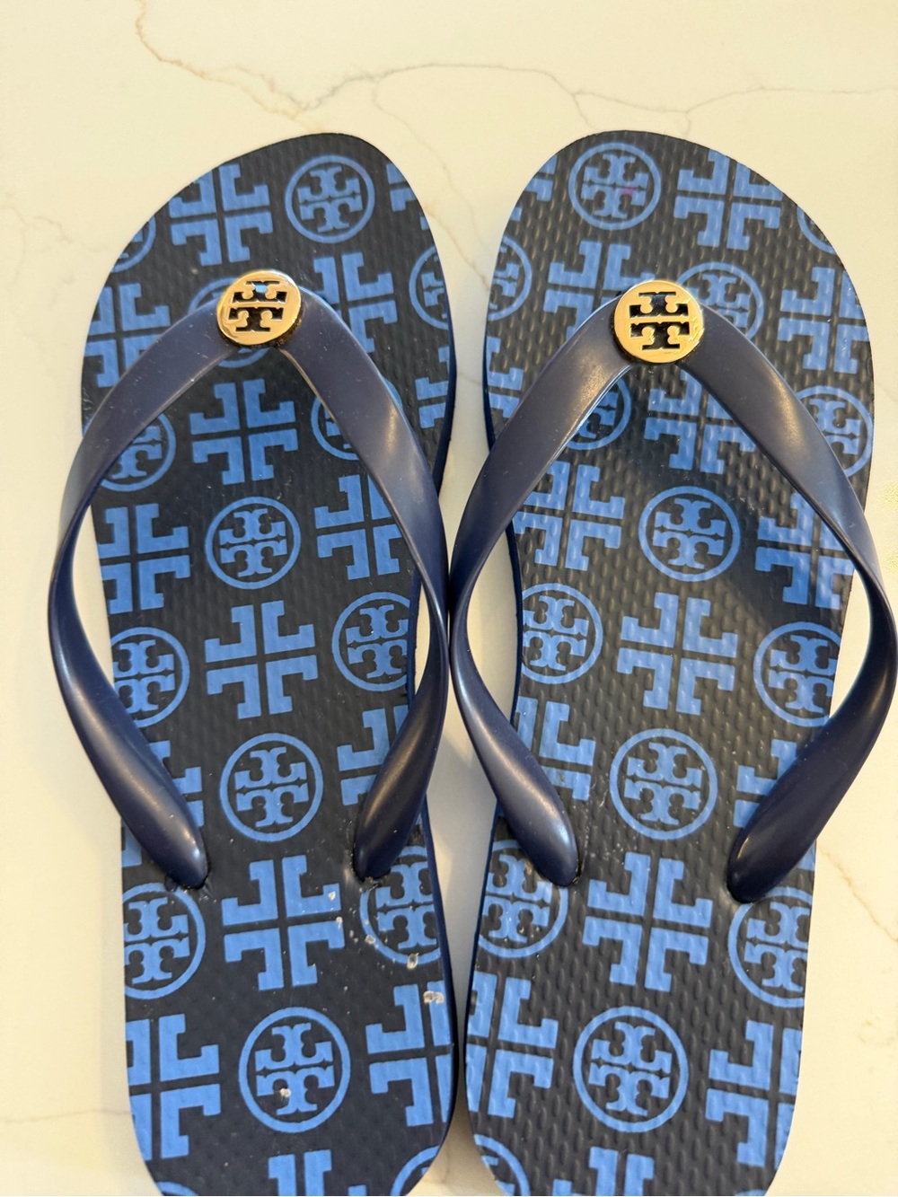 Tory Burch Navy and Gold Logo Flip Flops